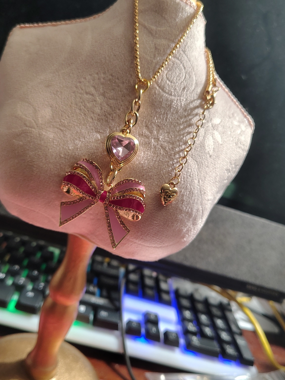 Betsey Johnson Gold-Tone Pink Enamel Bow Necklace with Heart Crystal